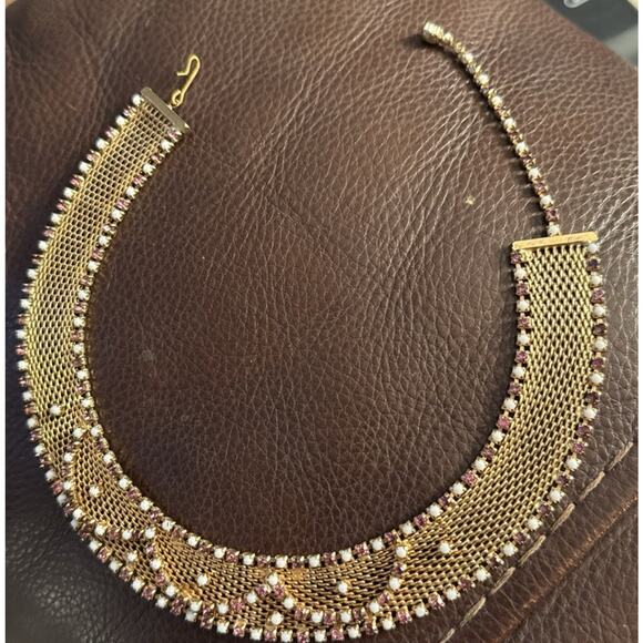 Vintage Hobe Gold-Tone Braided Mesh Choker Necklace With Rhinestone Accents - Picture 1 of 1